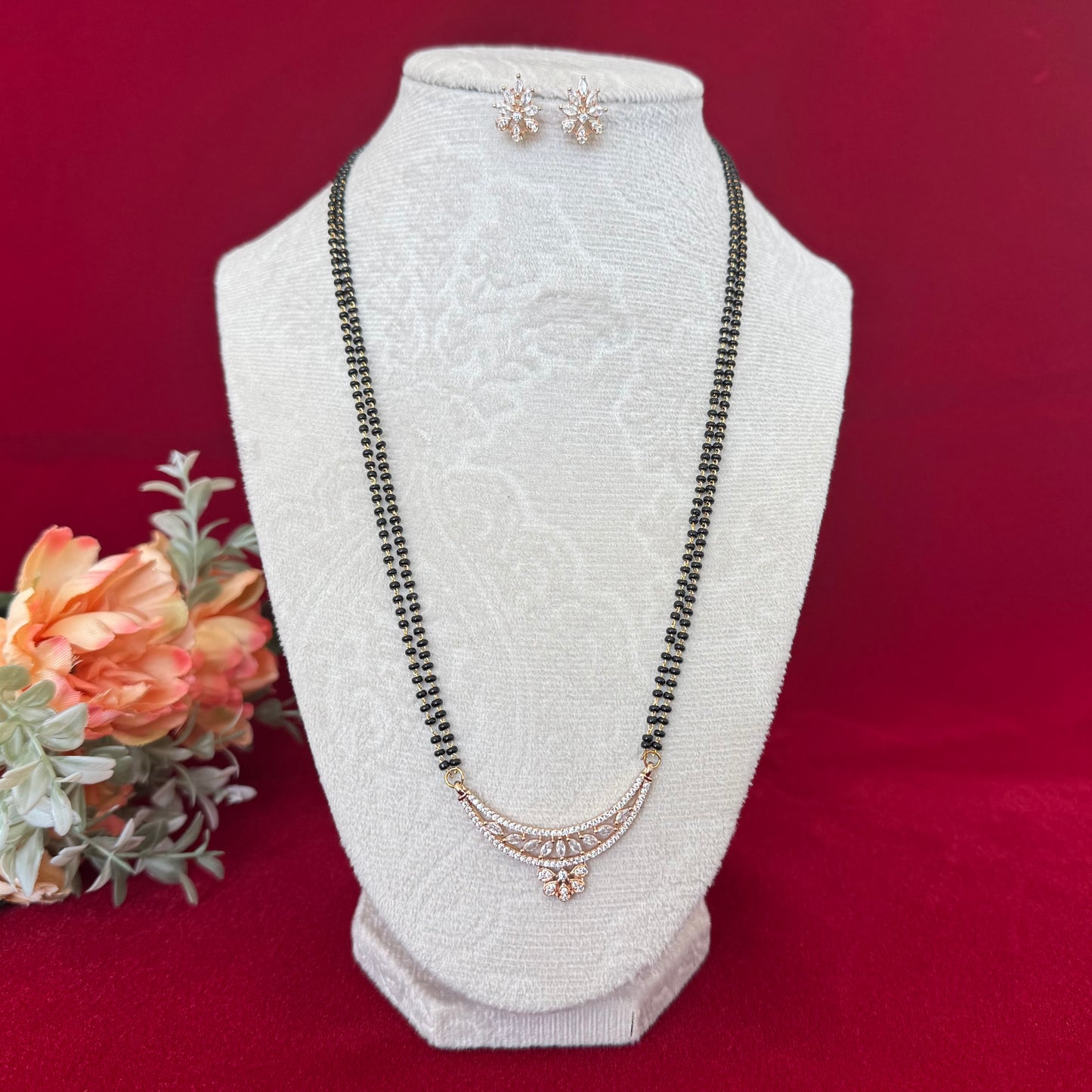 Elegant AD Diamond Mangalsutra Set with Earrings | Rose Gold Minimal Mangalsutra | Double Black Bead Chain | Lightweight Daily Wear Mangalsu