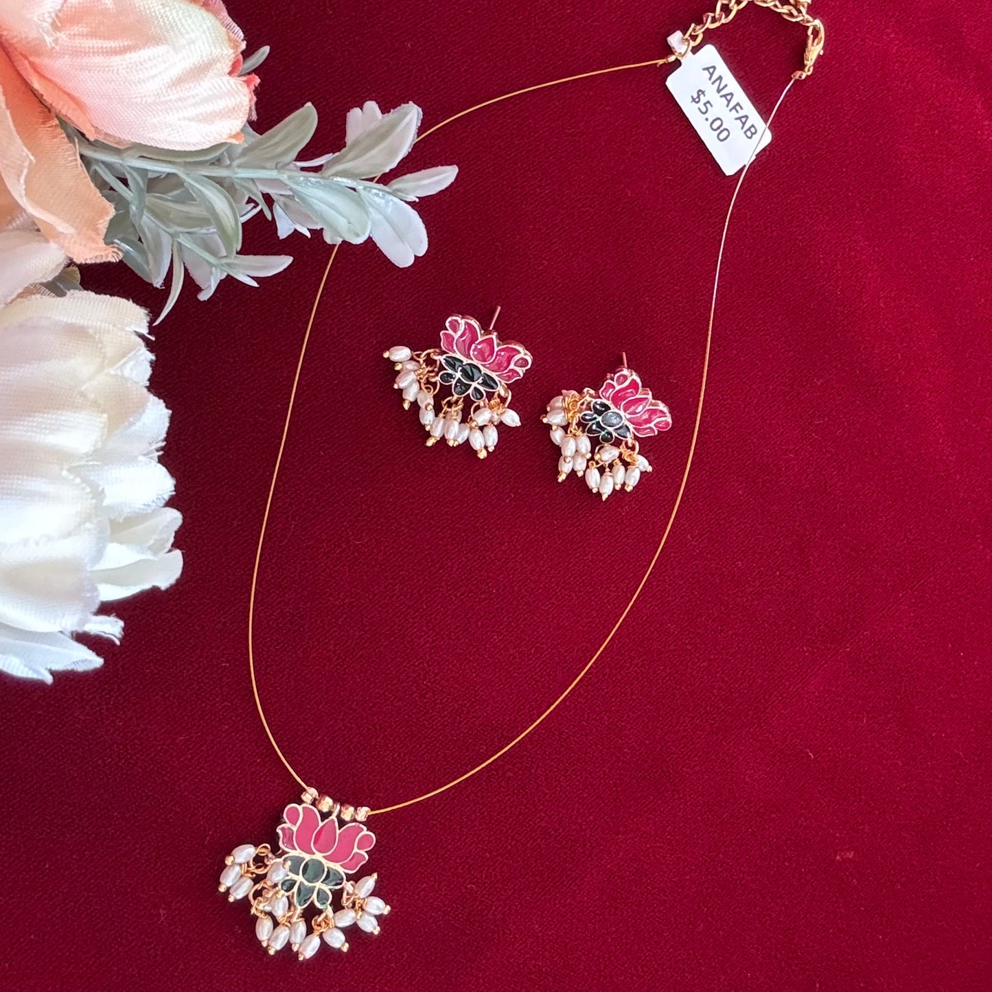 Pink Lotus Pendant Invisible Chain Necklace Set with Earrings, Lightweight Temple Jewelry, Pearl Drop Floral Necklace, Minimal Indian Jewelry