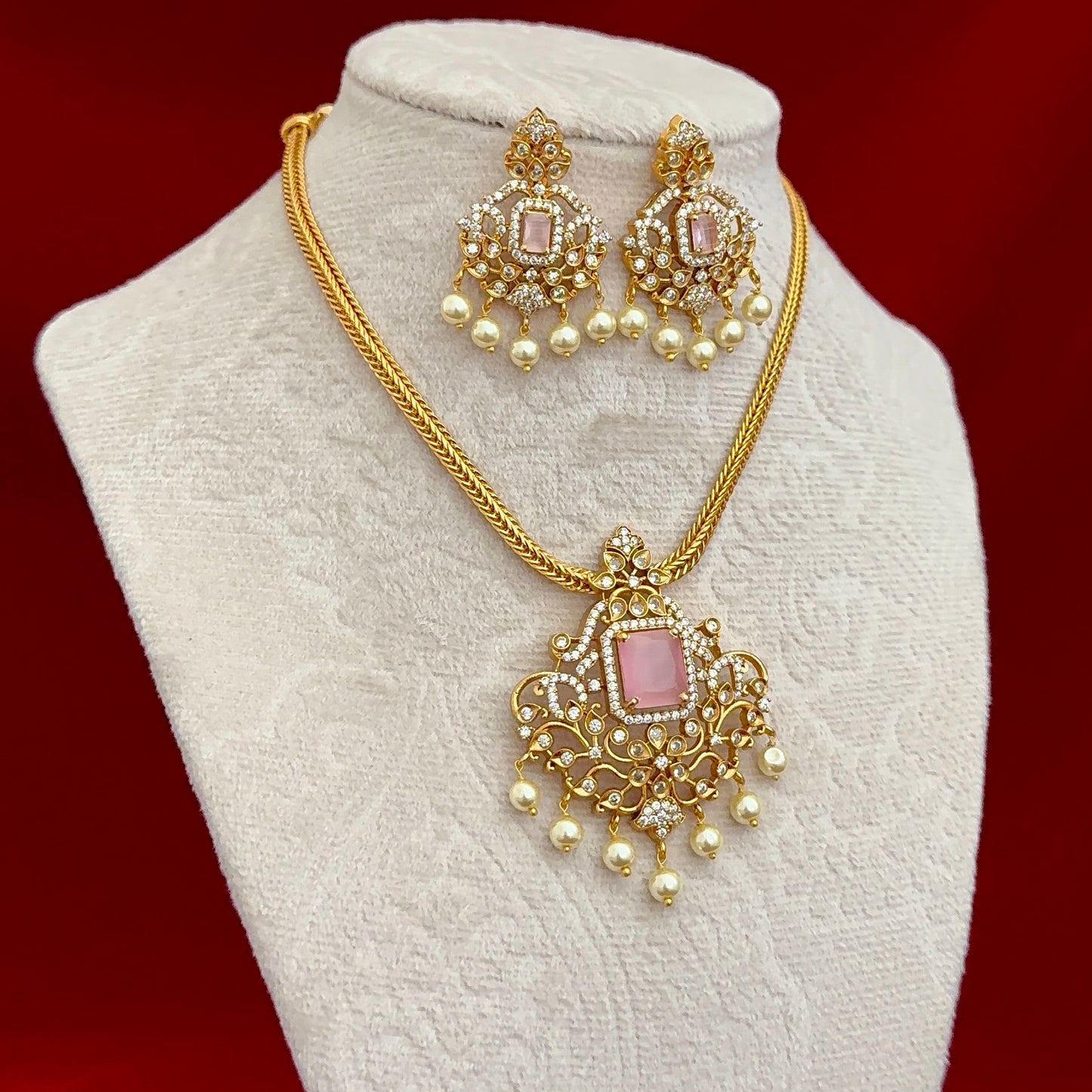 Pink Stone CZ Necklace Set for Women, Gold Tone Indian Pendant Necklace, Pearl Drop Earrings Set, Party Wear Jewelry, Wedding Guest Jewelry