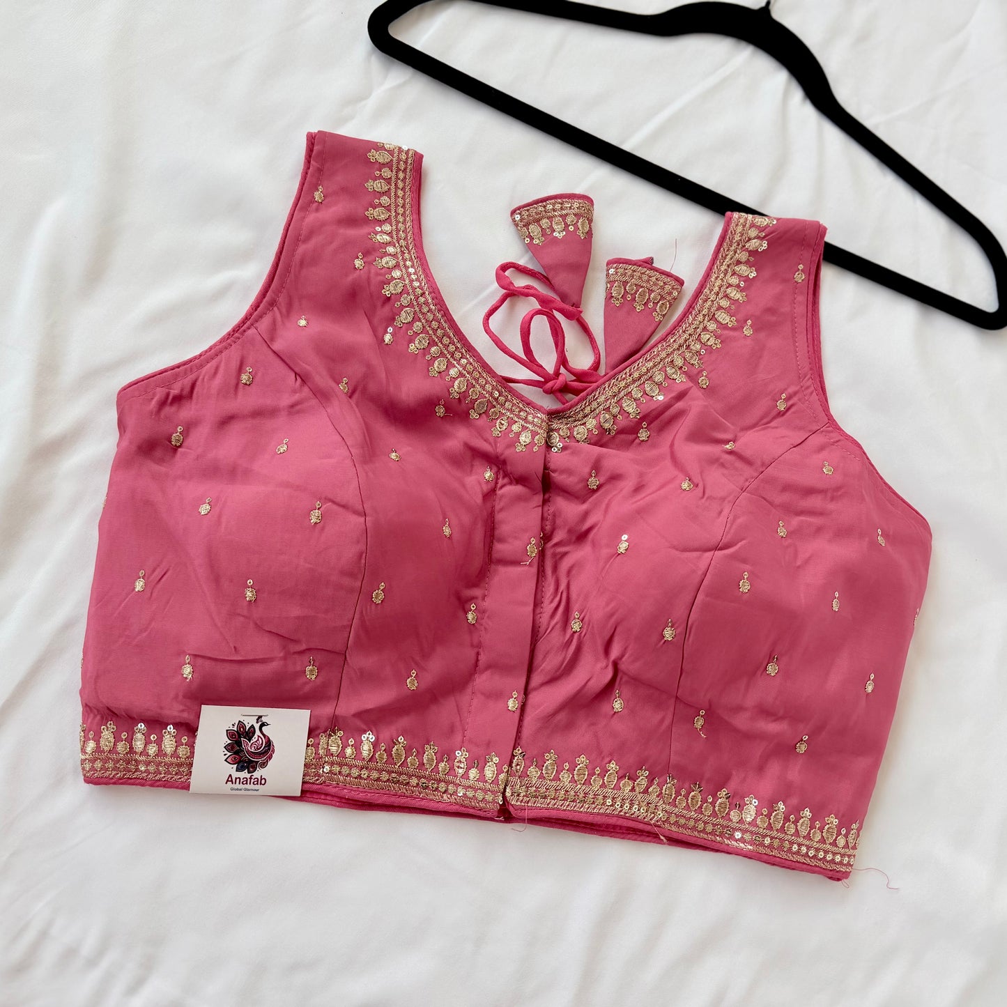 Deep Rose Pink Jacquard Saree Blouse, Gold Embroidered Designer Blouse, Deep Back Neck Blouse with Latkan, Ready to Wear Indian Blouse,