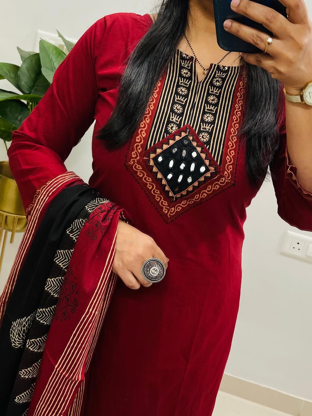 Red Dabu Cotton Suit Set with Dupatta, Kutch Work Kurta Set, Pure Cotton Salwar Suit, Ethnic Indian Suit for Women, Daily Wear Kurti Set