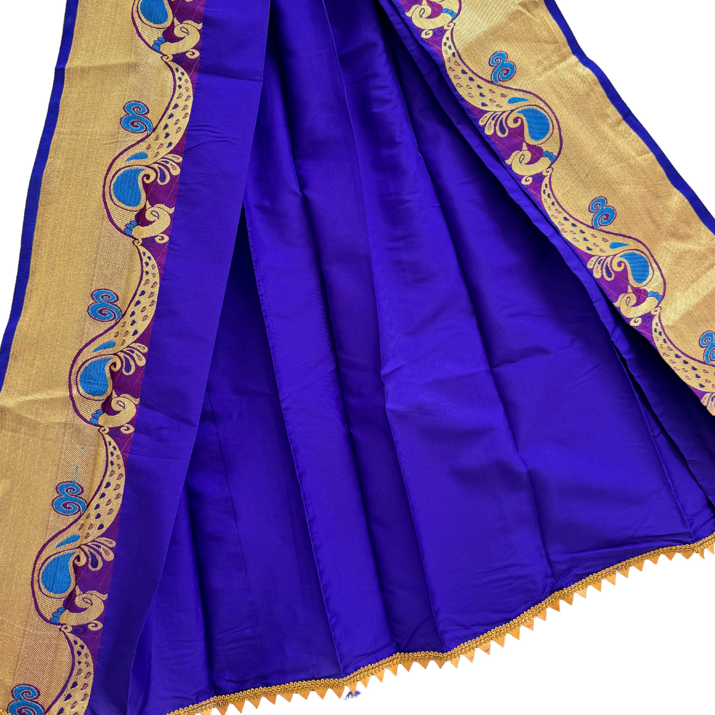 Plain Deep Blue Paithani Silk Gudi Saree with Stunning Peacock Zari Border – Instant Setup