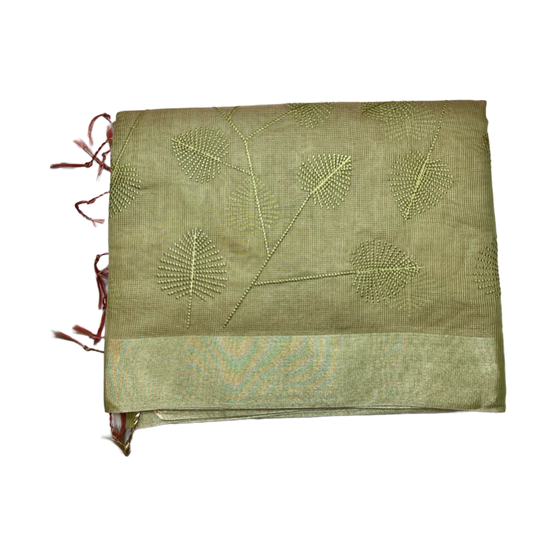 Olive Green Kota Silk Embroidery Saree with lining blouse