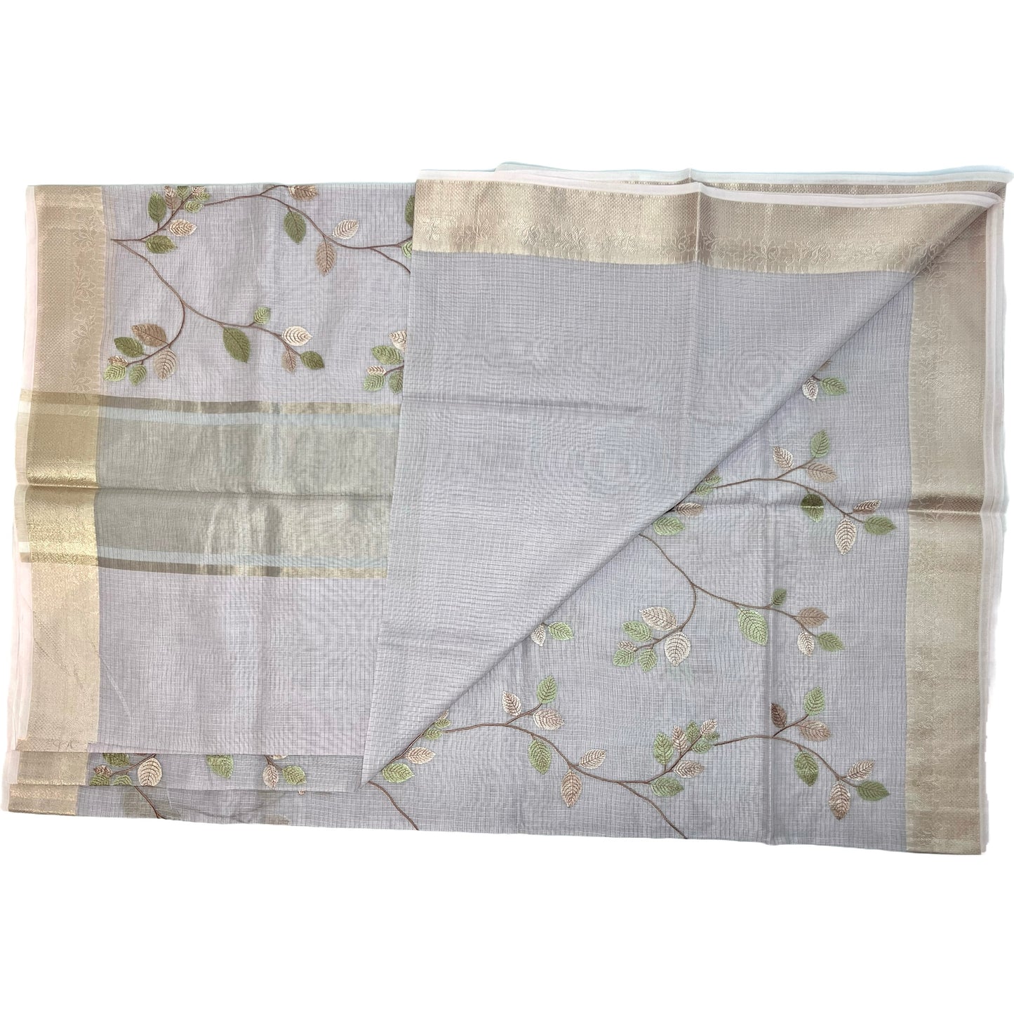 Designer Lavender Grey Kota Silk Embroidery Saree