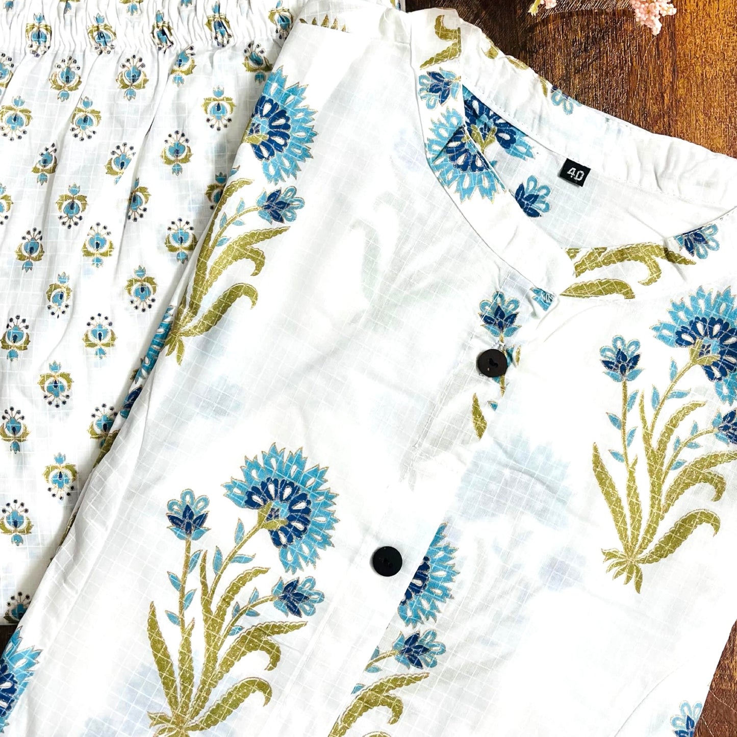 Jaipuri Mughal Print White Color Aline Kurti With Ankle Length Pant , Co-Ord Set, Perfect For Summer Season