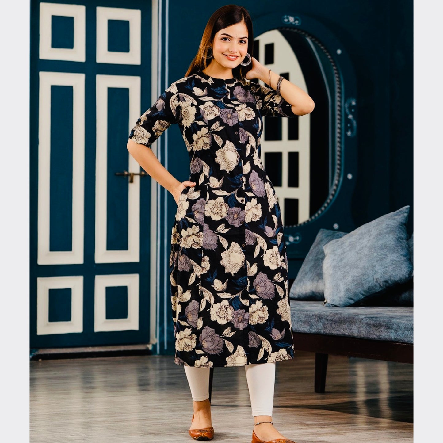 Black Color Jaipuri Floral Print Kurti , Perfect For Summer
