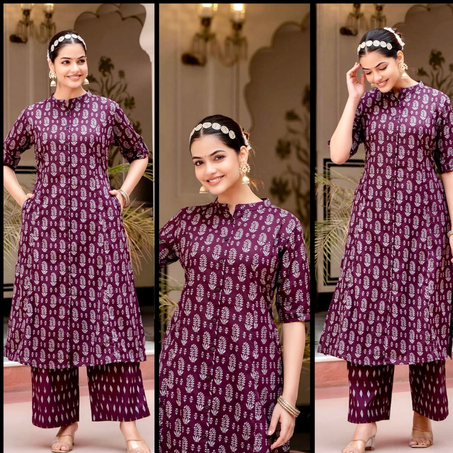 Wine Color Jaipuri Kalamkari Print Aline Kurti With Pant
