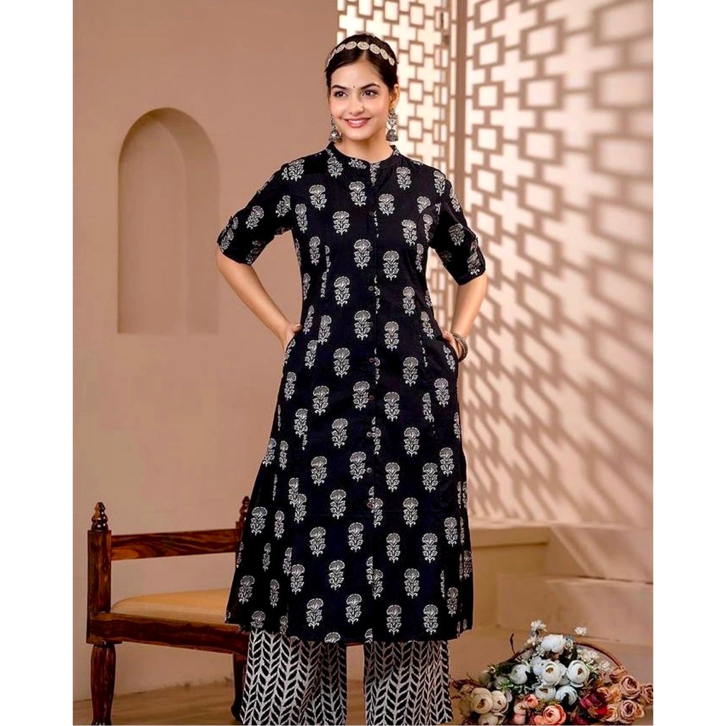 Jaipuri Ajrakh Print Black Color Aline Kurti With Ankle Length Pant , Co-Ord Set, Perfect For Summer Season