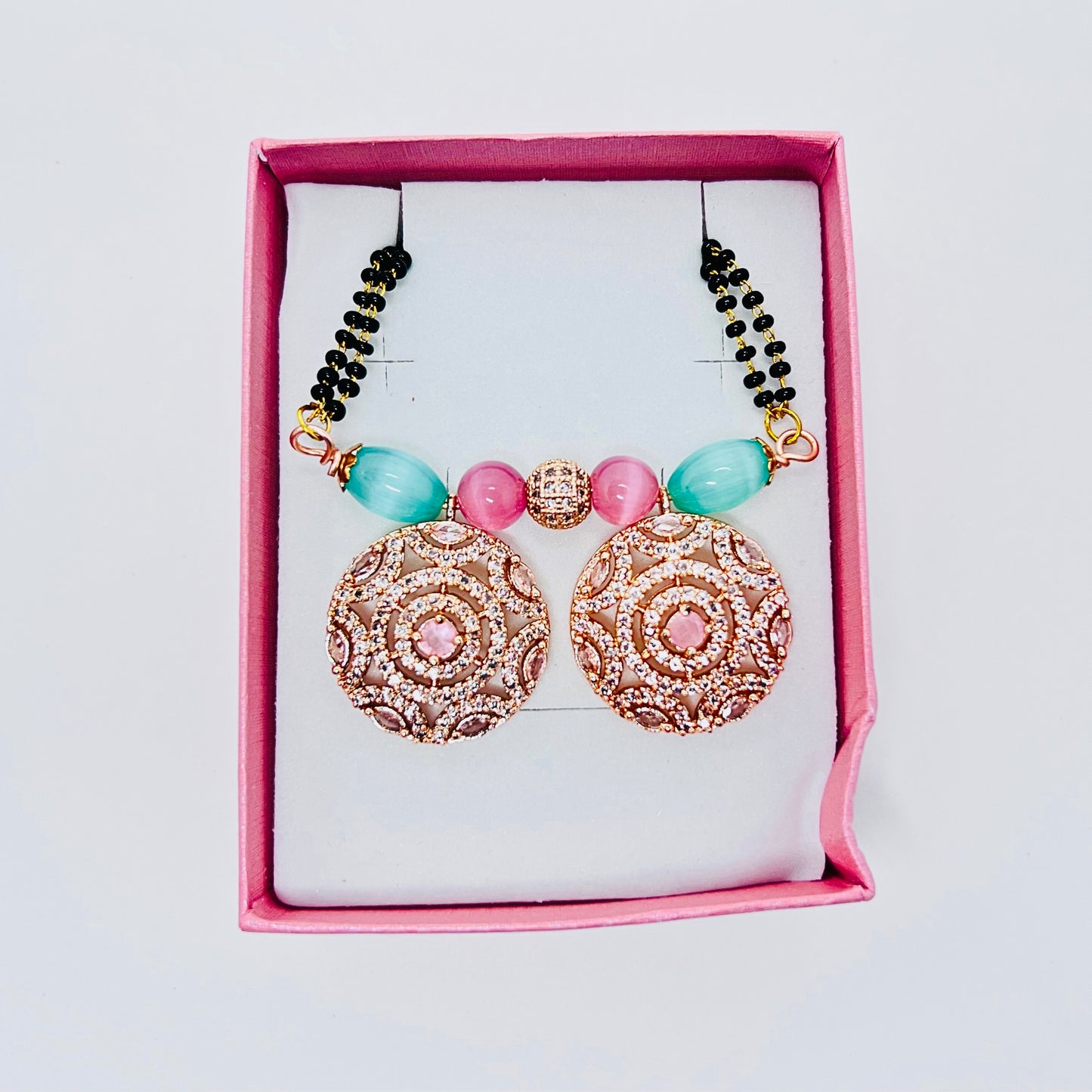 Trendy Gold Plated Ad Stone Diamond Vati Pendant With Long Black Beads Poth/Chain Mangalsutra For Women