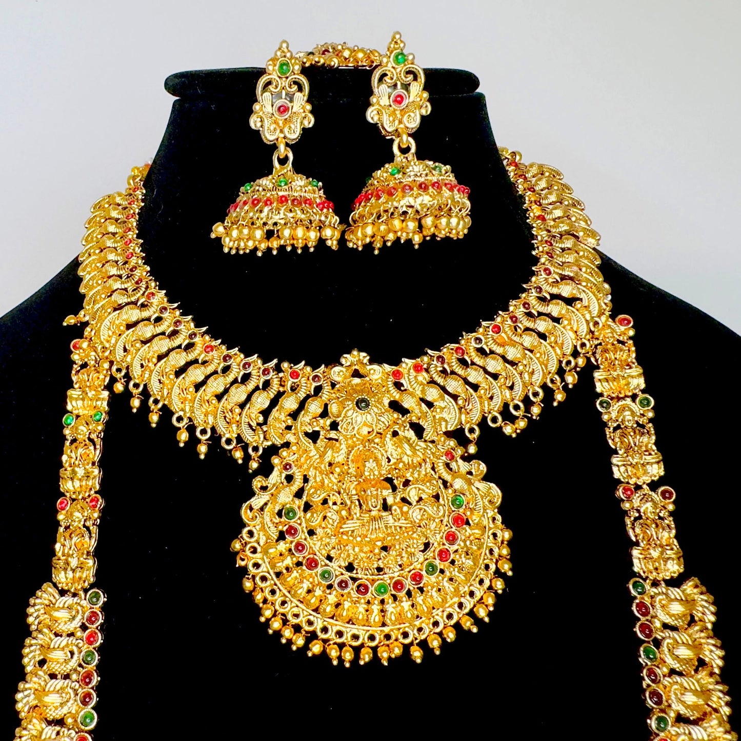 Premium Quality Temple Haram South Indian Jewelry Set With Earrings, Maangtika And Kamar Patti ( Hip Belt), Bridal Set Jewelry, South Indian Jewelry Set, Gold Plated Jewelry, Temple Jewelry, Wedding Jewelry