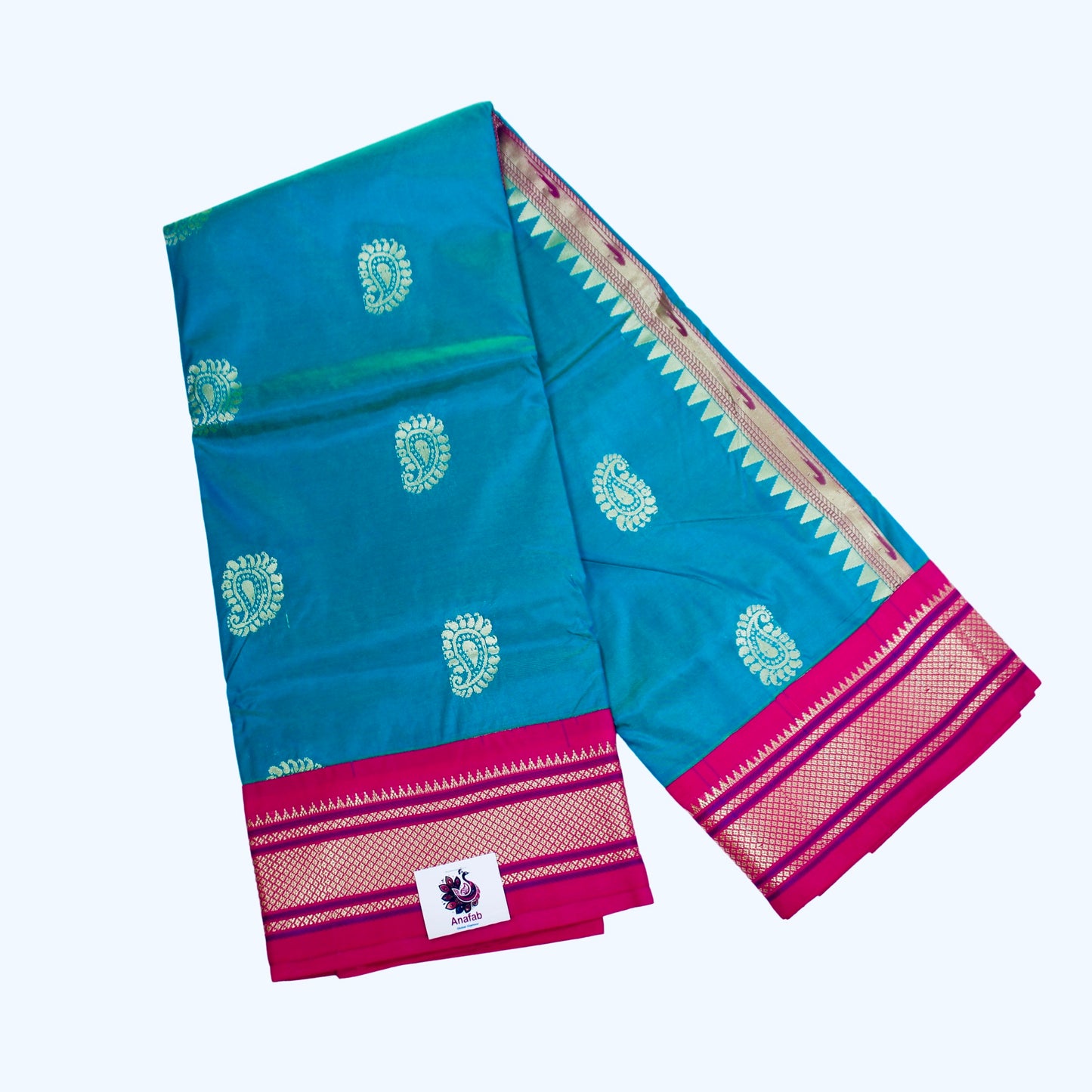 Semi Silk Teal Blue Paithani Saree with Pink Zari Border and Matching Pink Blouse