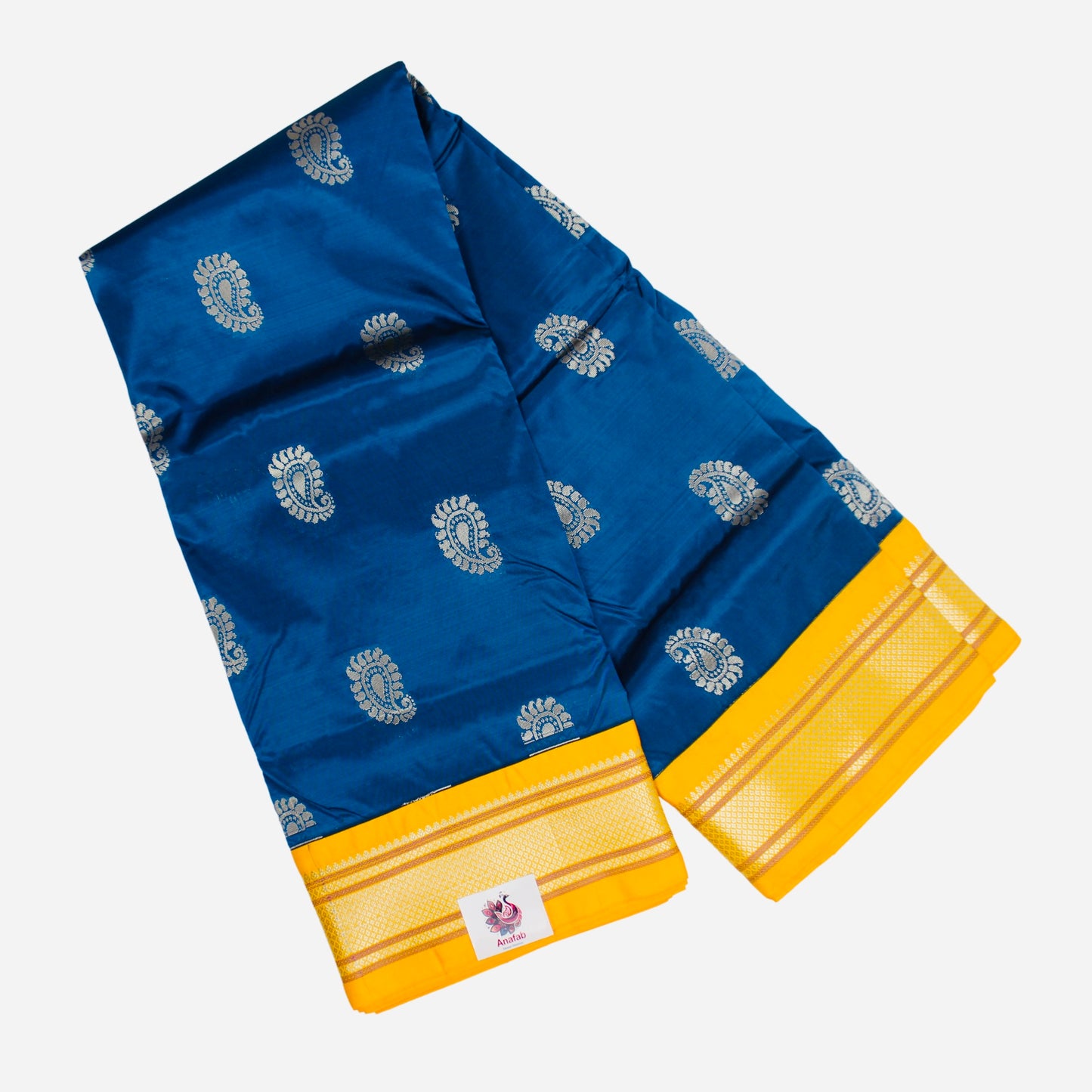 Semi Silk Peacock Blue Paithani Saree with Yellow Zari Border and Matching yellow Blouse