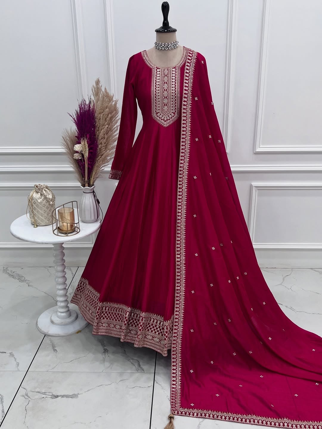 Dark Pink Anarkali Gown with Dupatta, Pure Vichitra Silk Dress, Heavy Embroidery Kali Anarkali Dress, Indian Wedding Festive Outfit