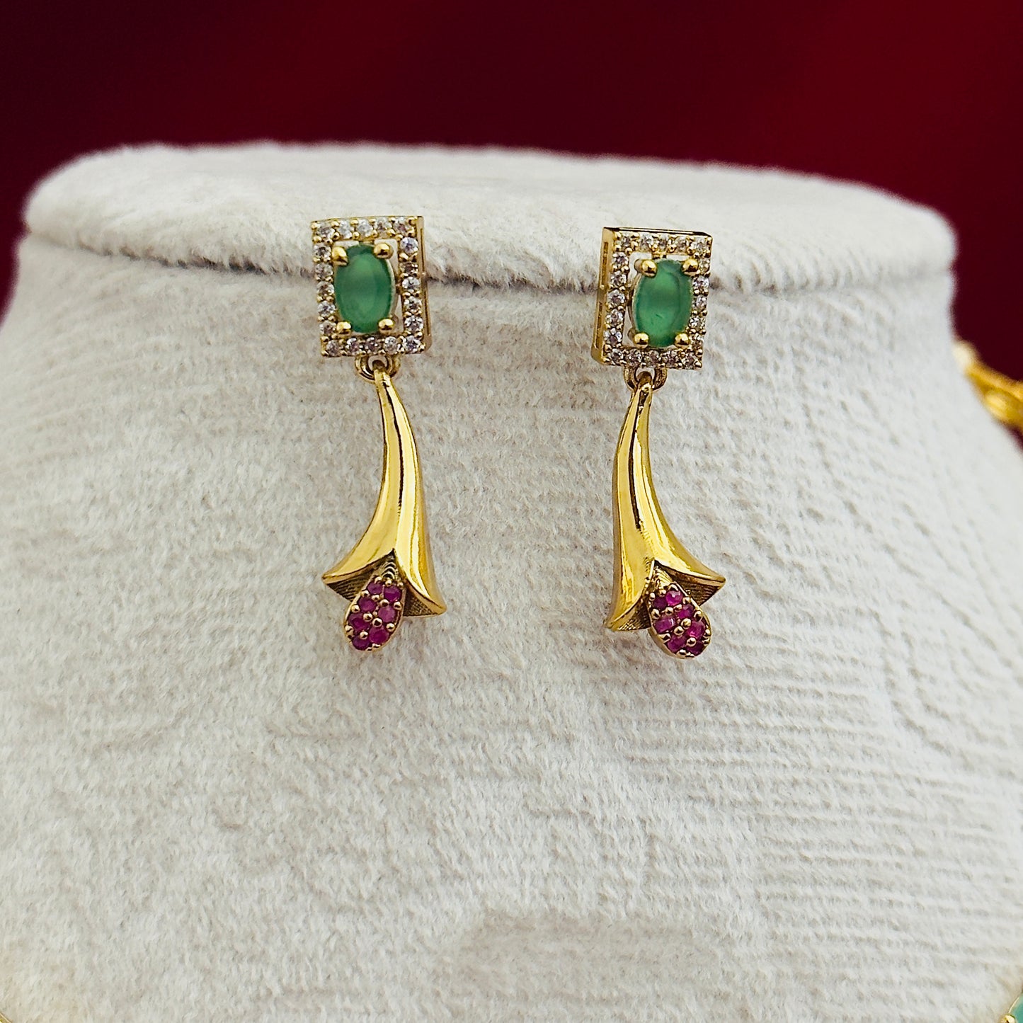 Designer CZ Floral Necklace Set, Gold Tone Statement Jewelry Set, Green Pink Stone Necklace, Party Wear Indian Jewelry, Modern Ethnic Gift