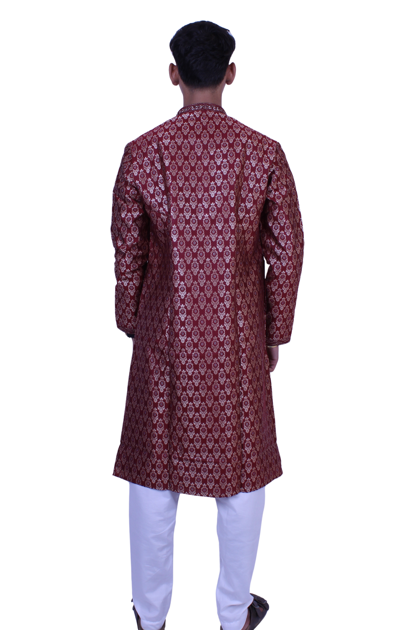 Elegant Maroon Brocade Men’s Kurta with White Pant | Festive & Wedding Wear Outfit