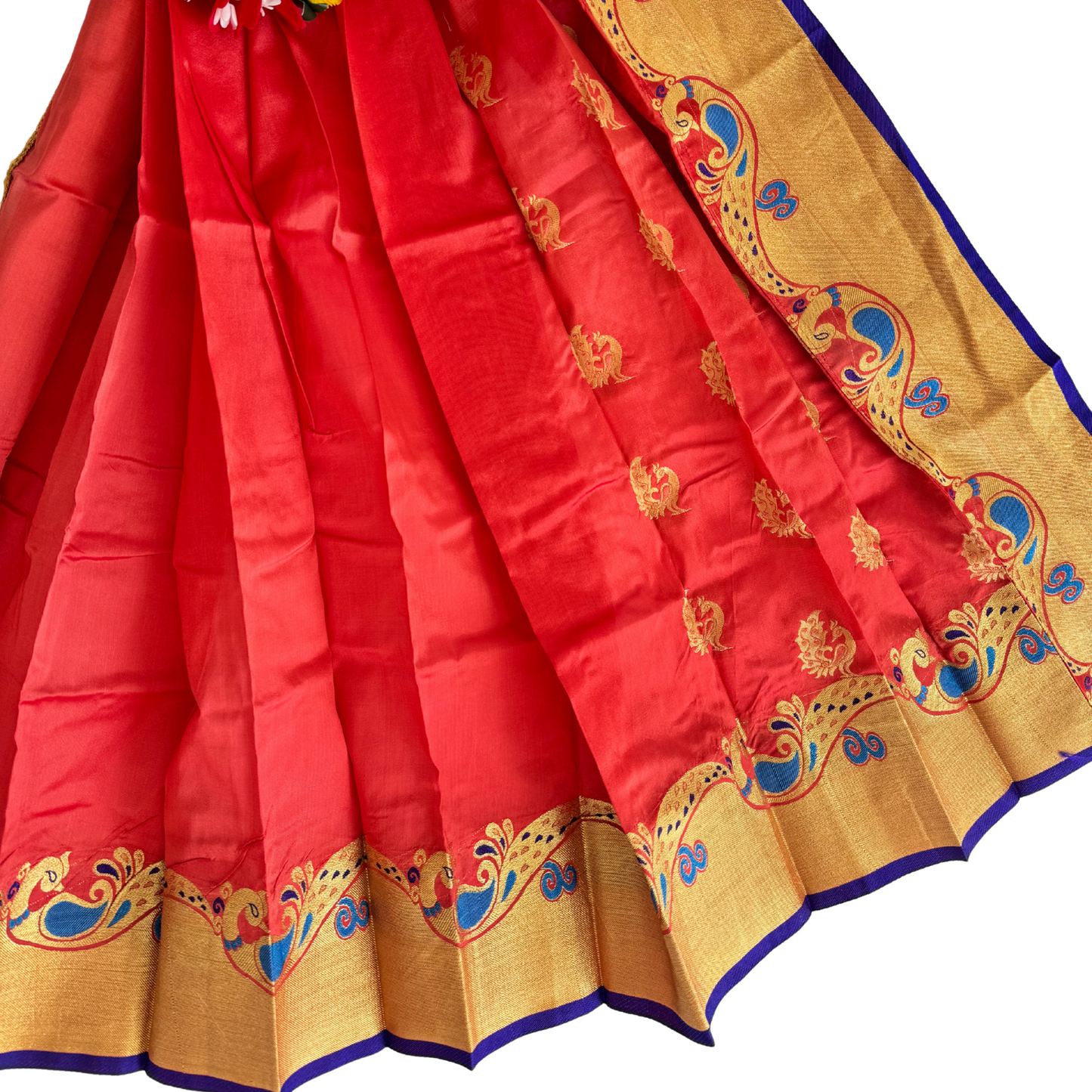 Tomato Red Paithani Silk Gudi Saree with Golden Butties & Peacock Border