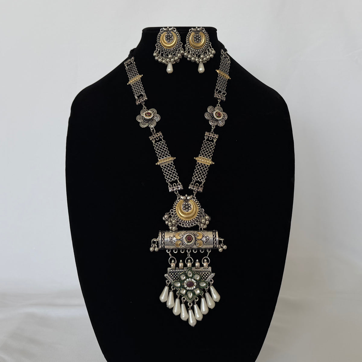 Oxidized Silver Long Necklace Set with Statement Pendant, Dual Tone Tribal Jewelry, Pearl Drop Earrings, Boho Indian Necklace, Festive Jewel