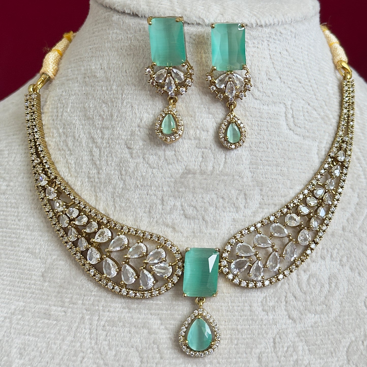Turquoise CZ Necklace Set for Women, Gold Tone Statement Jewelry Set, Bridal Party Necklace Earrings Set, Indian Wedding Jewelry, Elegant P