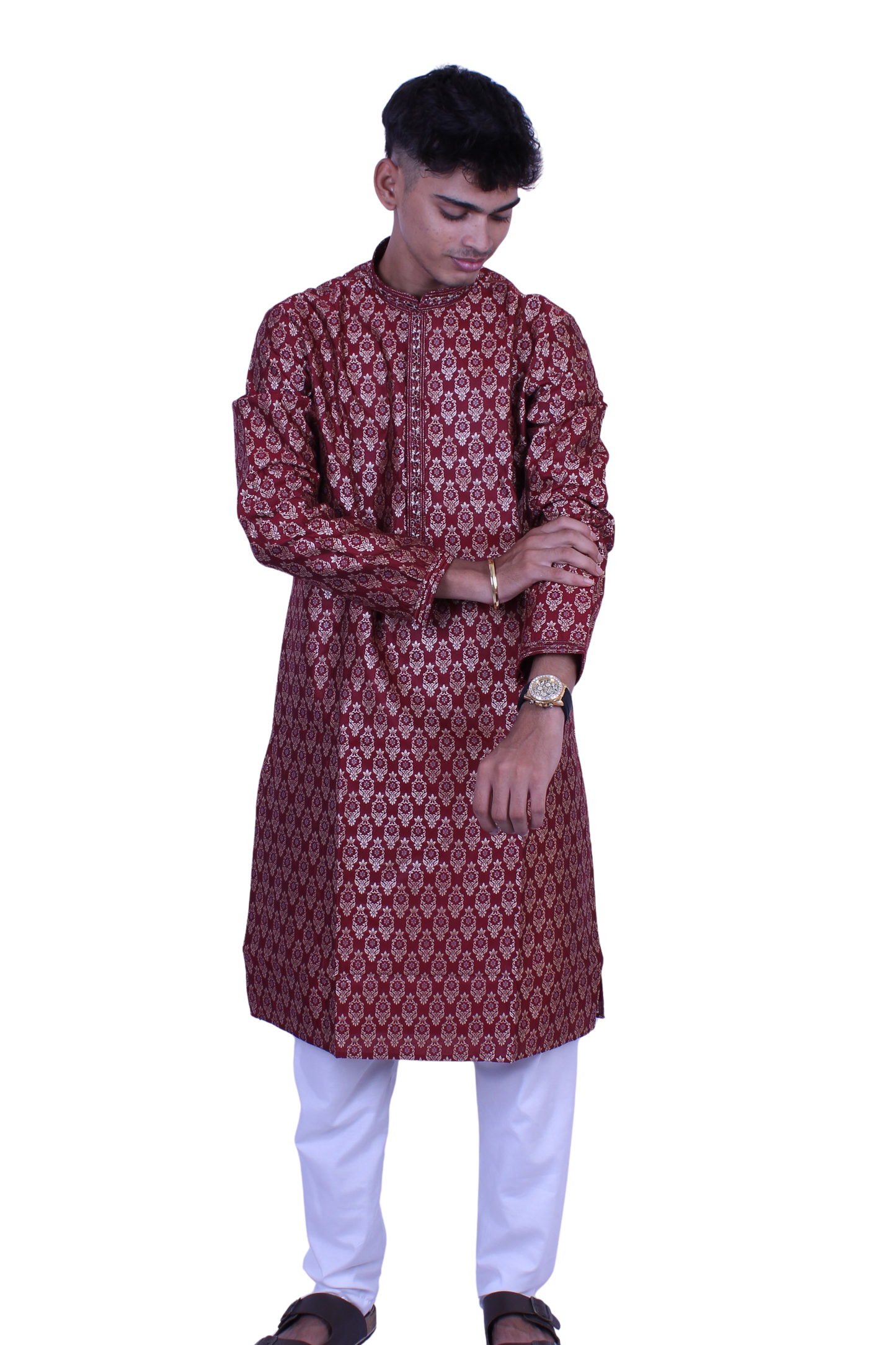 Elegant Maroon Brocade Men’s Kurta with White Pant | Festive & Wedding Wear Outfit