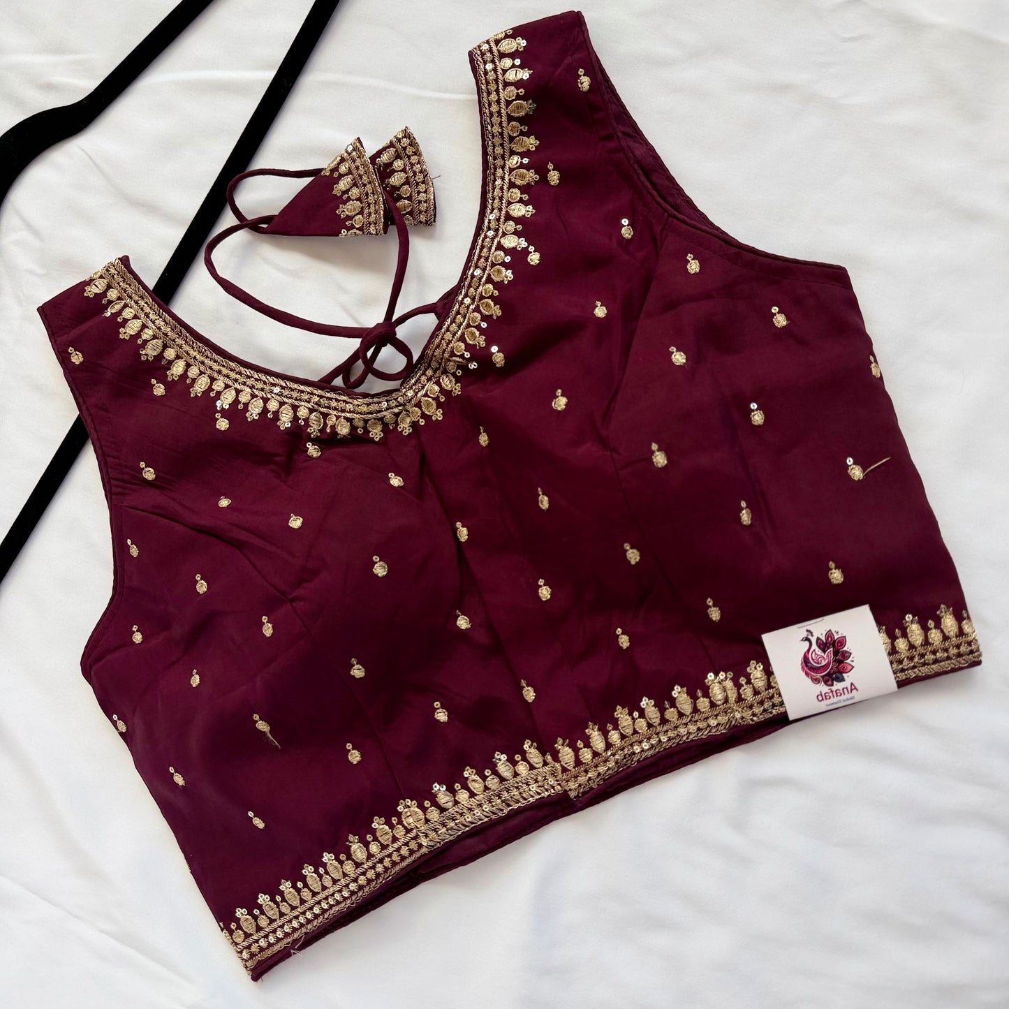 Wine Jacquard Saree Blouse, Gold Embroidered Designer Blouse, Deep Back Neck Blouse with Latkan, Ready to Wear Indian Blouse, Crop top