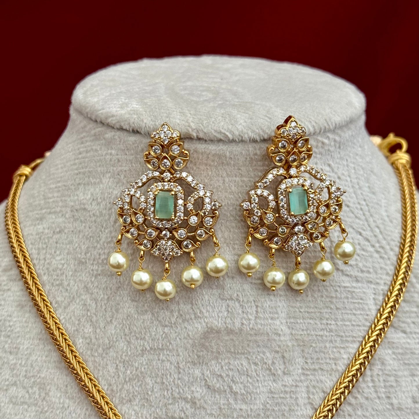 Turquoise CZ Polki Necklace Set with Pearl Drops, Indian Bridal Jewelry Set, Gold Tone Pendant Necklace, Statement Earrings, Party Wear Jew