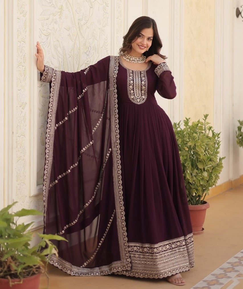 Wine Embroidered Gown with Dupatta | Fully Stitched Anarkali Style Dress | Indian Ethnic Wear for Weddings & Parties