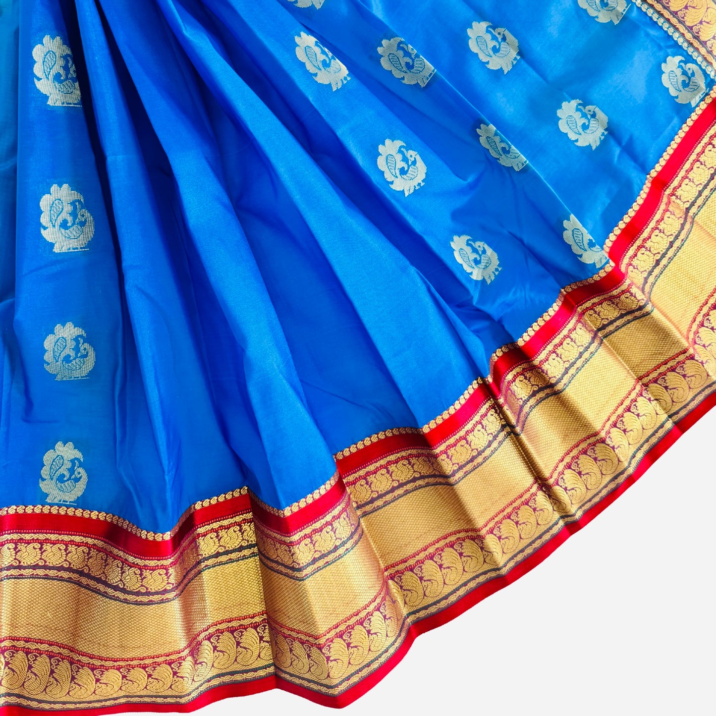 Blue Gudi Padwa Saree with Peacock Butties & Red Zari Border