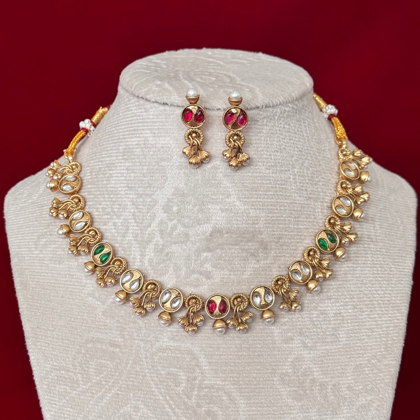 Majak Necklace Set | Antique Gold Tone Temple Jewelry Set | Kundan & Pearl Choker Necklace | Traditional Indian Bridal Necklace | Festive We