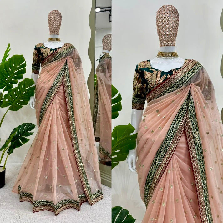 Blush Pink Sequin Saree with Rich Green Designer Blouse – Perfect for Weddings & Festive Glam