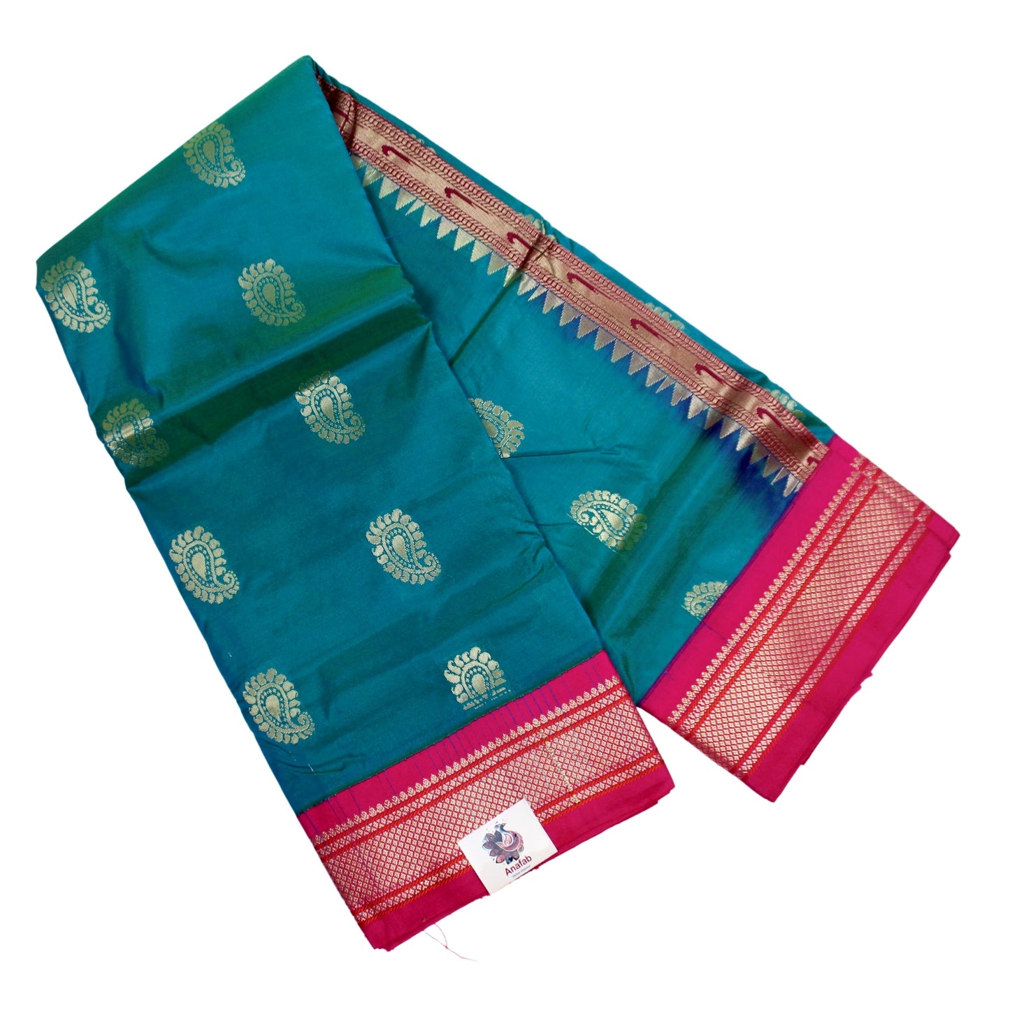 Teal Blue with Pink Zari Border Semi Silk Paithani Saree