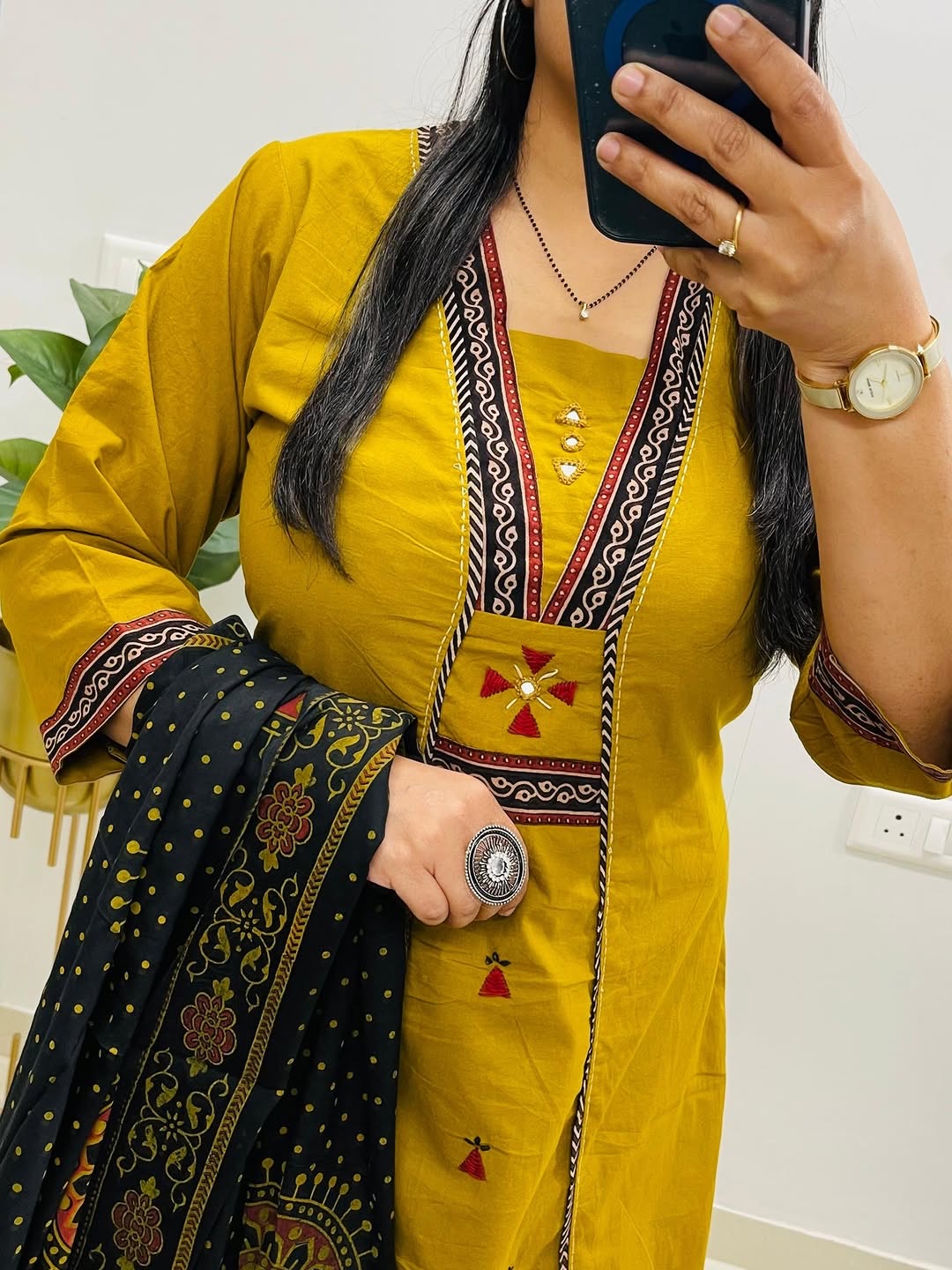 Mustard Yellow Dabu Cotton Kutch Work Suit Set with Dupatta | Pure Cotton Kurti Pant Set | Ethnic Printed Kurta Set for Women | Daily wear