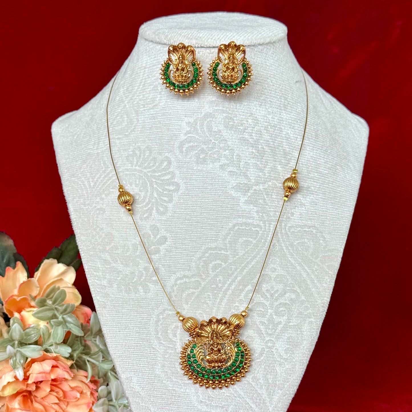 Lakshmi Temple Jewelry Set Antique Gold Necklace with Earrings | South Indian Goddess Pendant Green Stone Chain | Festival Wedding Jewelry G