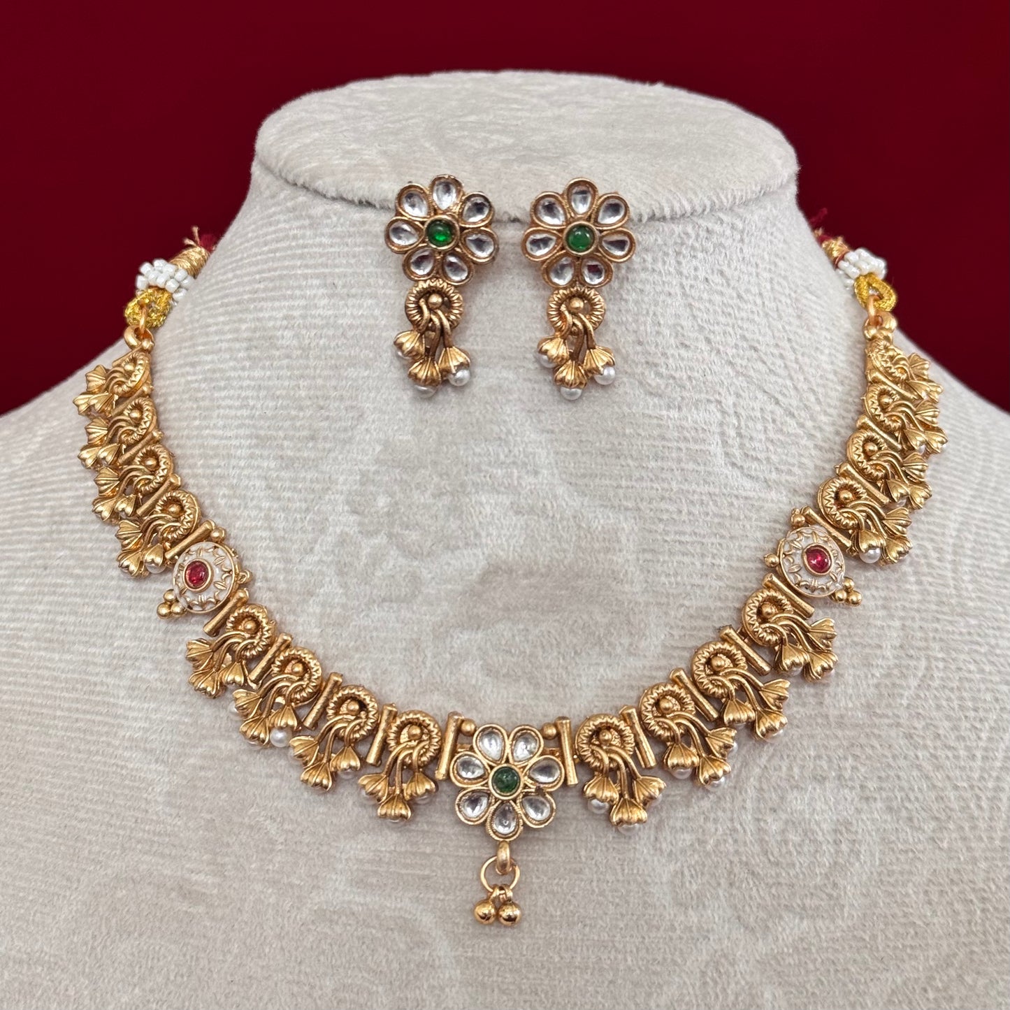 Antique Gold Majak Necklace Set with Earrings | Floral Kundan Choker | Traditional Indian Bridal Jewelry | South Indian Wedding Necklace