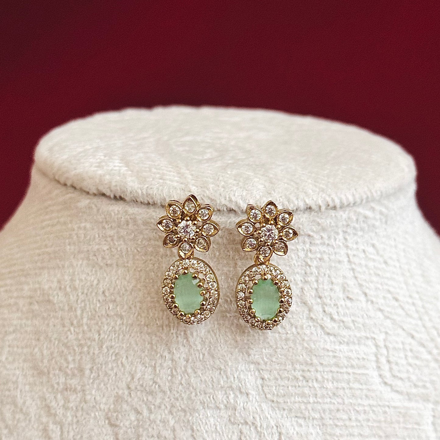 Mint Green Stone Necklace Set, Elegant Gold Floral Necklace, Indian Wedding Jewelry Set, CZ Diamond Necklace, Bridesmaid Jewelry, Party Wear