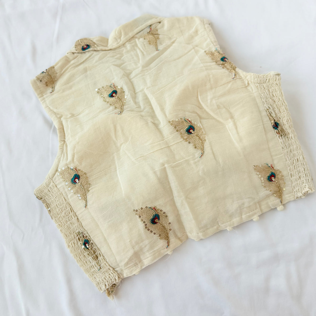 Khadi Cotton Embroidered Blouse, Ivory Peacock Sequin Work Saree Blouse, Stretchable Collar Neck Blouse, Ready to Wear Indian Blouse, Crop t