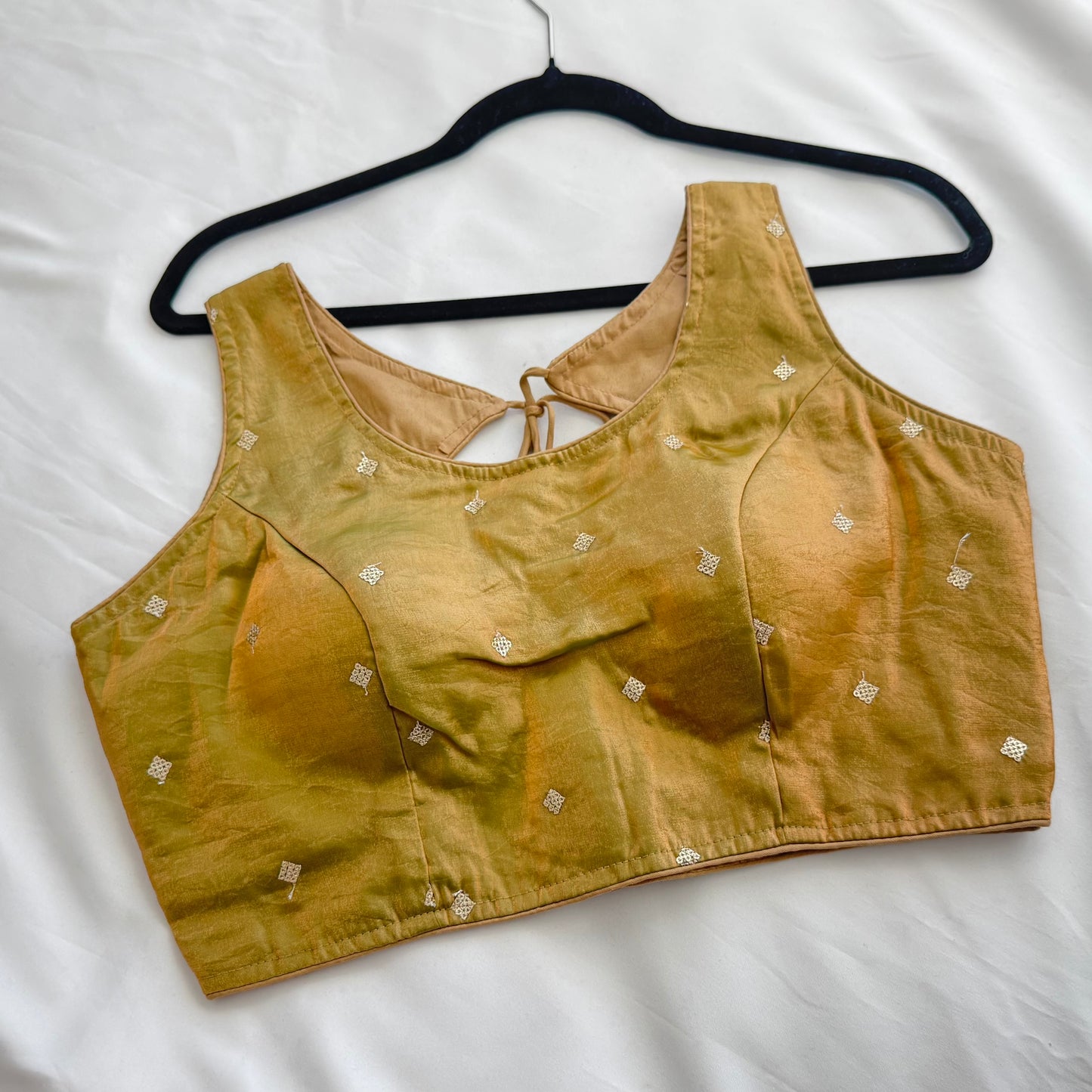 Gold Green Dual Tone Fandy Silk Blouse | Sequins Butti Work, Padded, Back Dori Tassels
