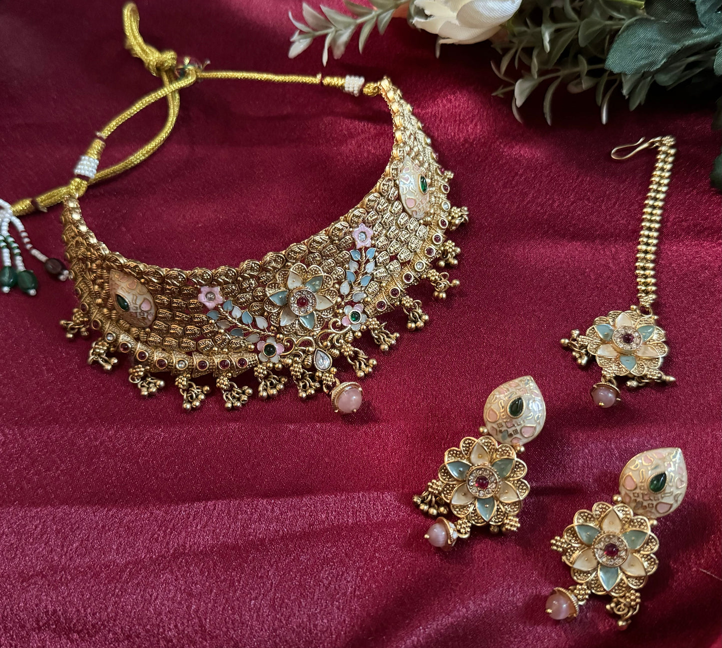 Luxury Antique Gold Temple Choker Necklace Set | Handcrafted Kundan Enamel Bridal Jewelry | Indian Wedding Choker with Earrings & Maang Tikk