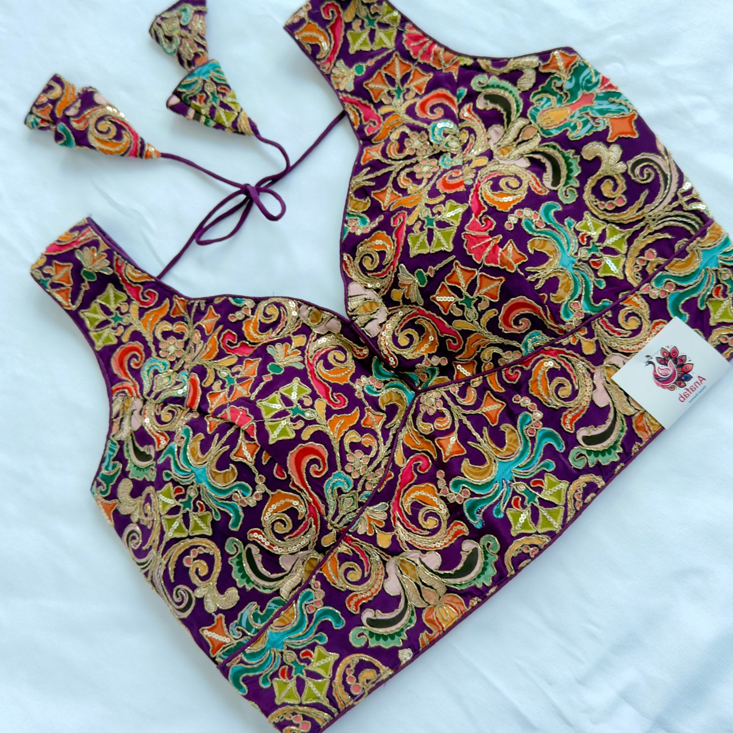 Designer Wine Purple Multicolor Embroidery Blouse, Ready to Wear Saree Blouse, Deep Back Neck Blouse, Wedding Festive Indian Blouse
