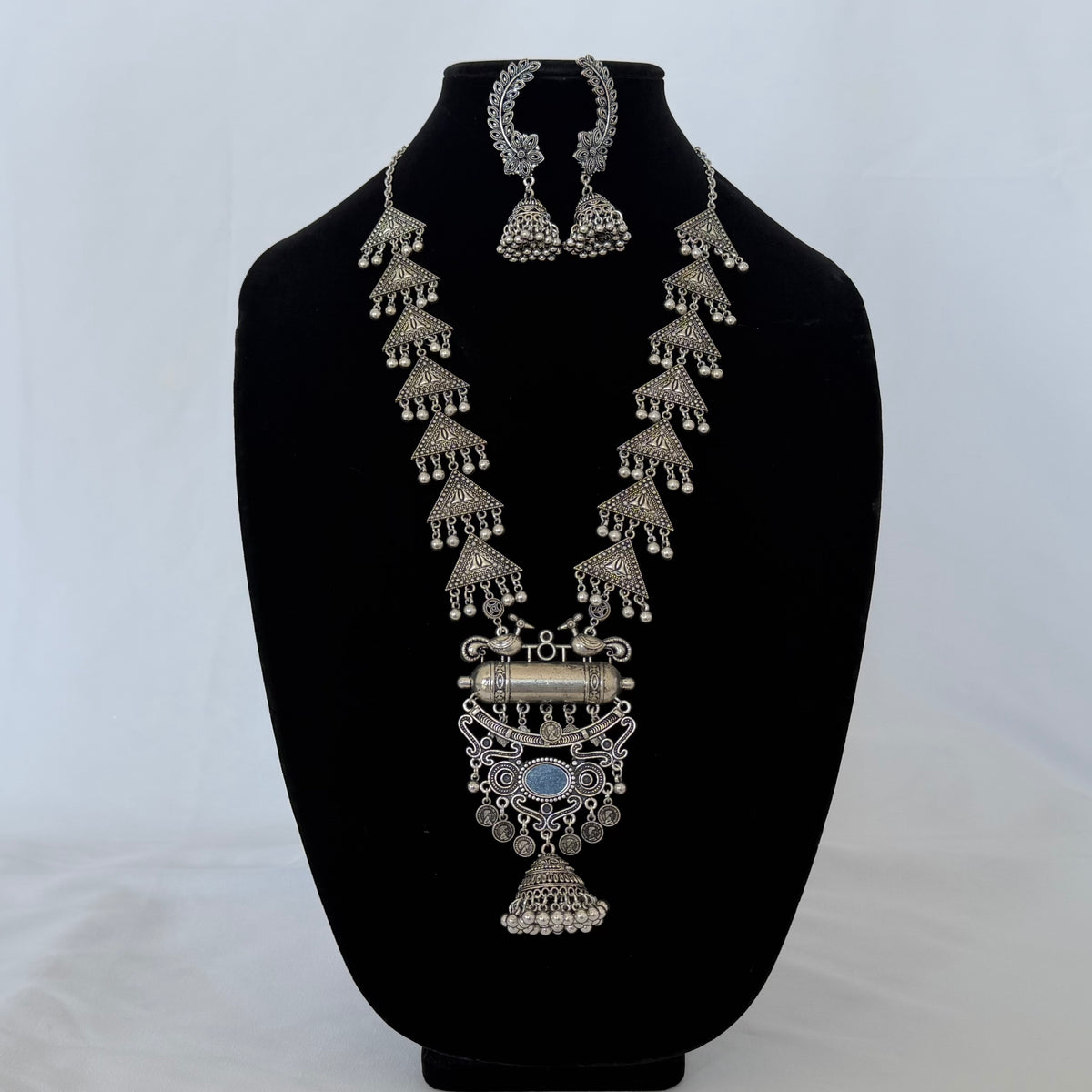 Oxidized Silver Long Necklace Set with Mirror Pendant & Jhumka Earrings, Tribal Statement Jewelry, Indian Boho Necklace Set