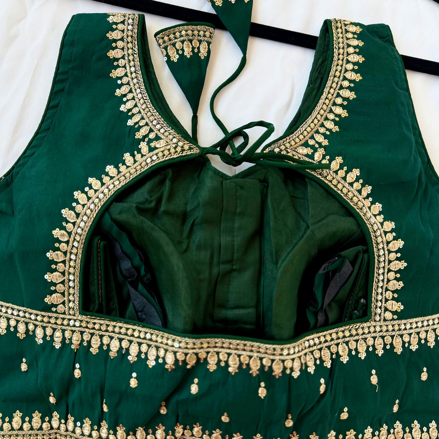 Green Jacquard Saree Blouse, Gold Embroidered Designer Blouse, Deep Back Neck Blouse with Latkan, Ready to Wear Indian Blouse, Crop top