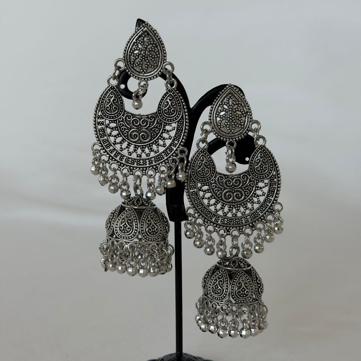 Oxidized Silver Chandbali Jhumka Earrings, Long Indian Statement Earrings, Traditional Ethnic Jewelry, Boho Dangle Earrings for Women