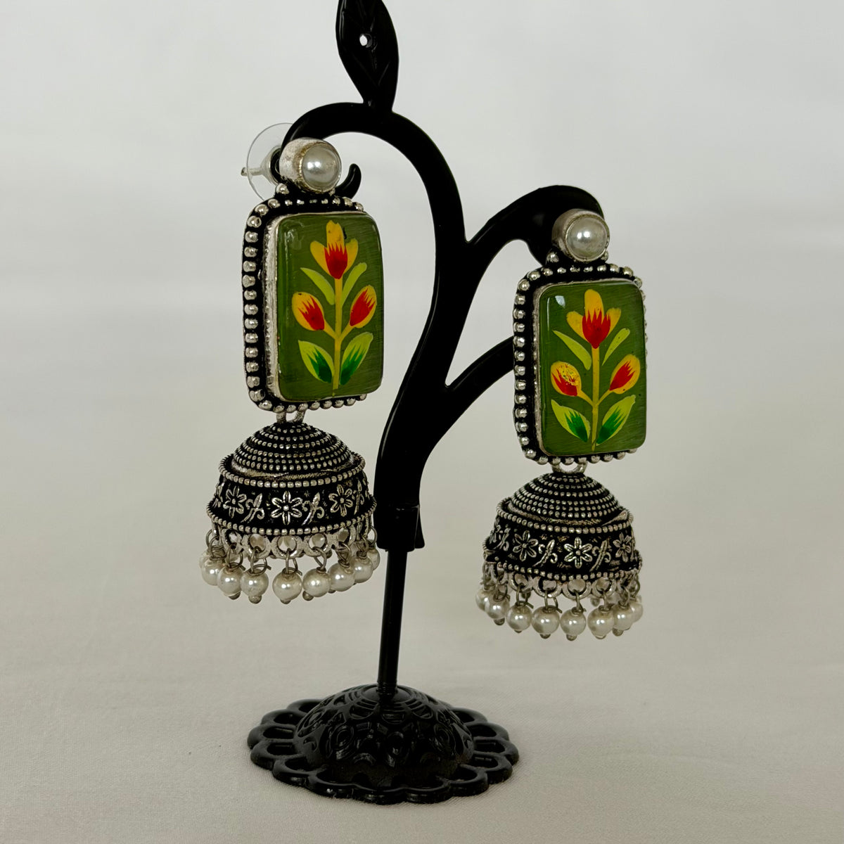 Green Oxidized Silver Handpainted Jhumka Earrings, Floral Indian Earrings, Pearl Drop Earrings, Ethnic Festive Jewelry, Oxidized earrings
