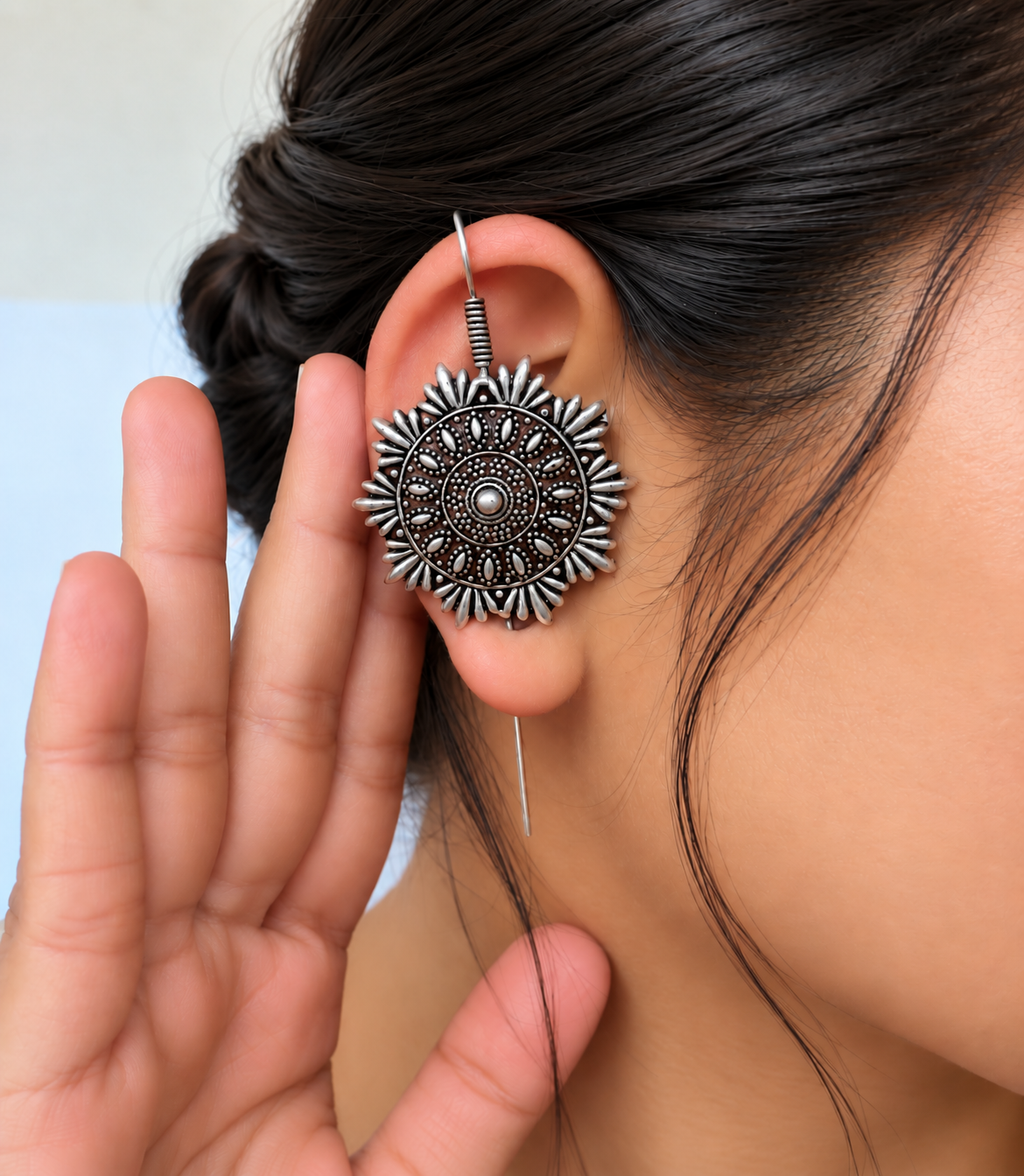 Oxidized Silver Sunflower Earrings, Boho Dangle Earrings, Afghani Style Statement Jewelry, Ethnic Earrings, Indian Earrings, Ships from USA