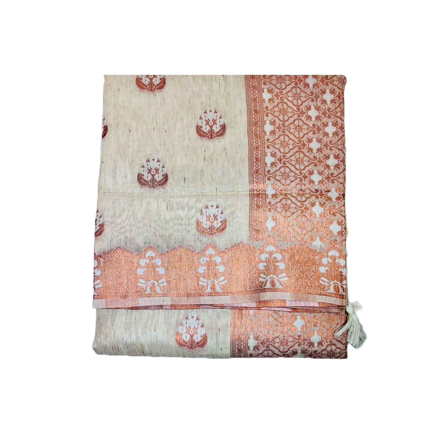 Almond Multi Pure Linen Copper Zari Weaving Party Wear Saree