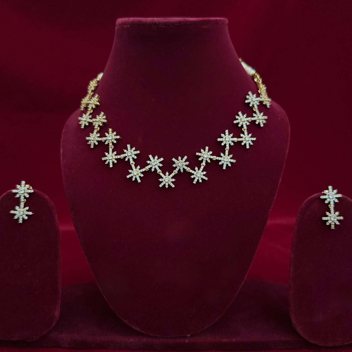 Gold Starburst CZ Necklace Set for Women, Luxury Statement Diamond Look Jewelry, Party Wear Wedding Necklace, Elegant Bridal Jewelry Gift