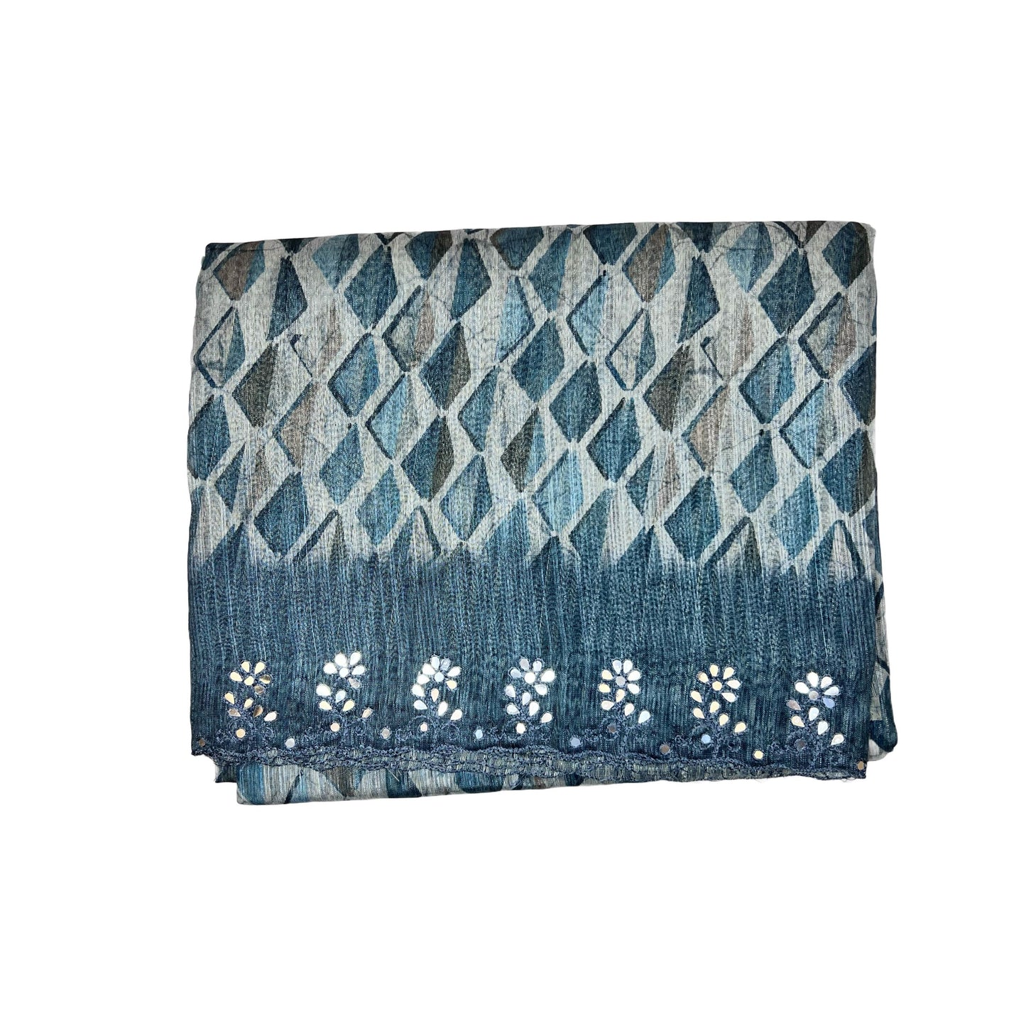 Beautiful Bluish Grey Colour Geometric Printed Chinya Silk With Mirror work Saree
