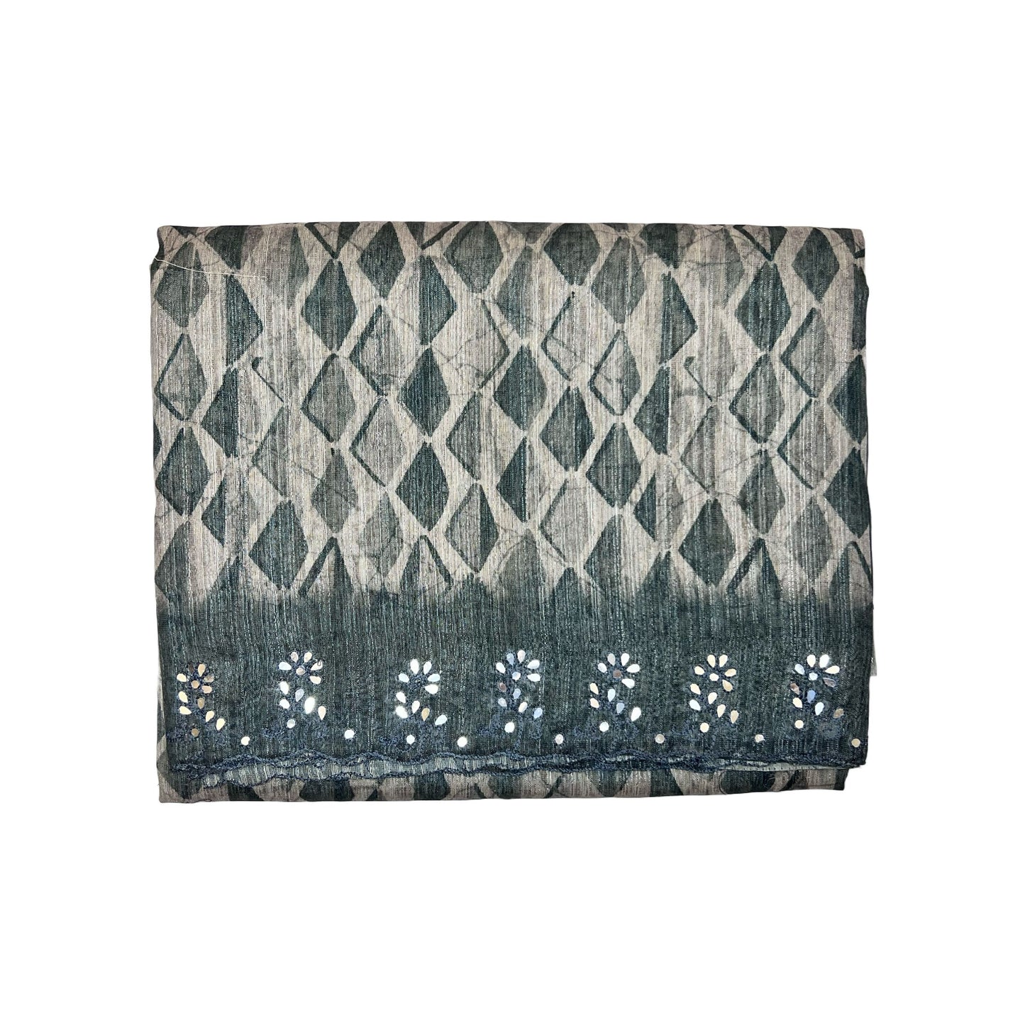 Beautiful Grey Colour Geometric Printed Chinya Silk With Mirror work Saree