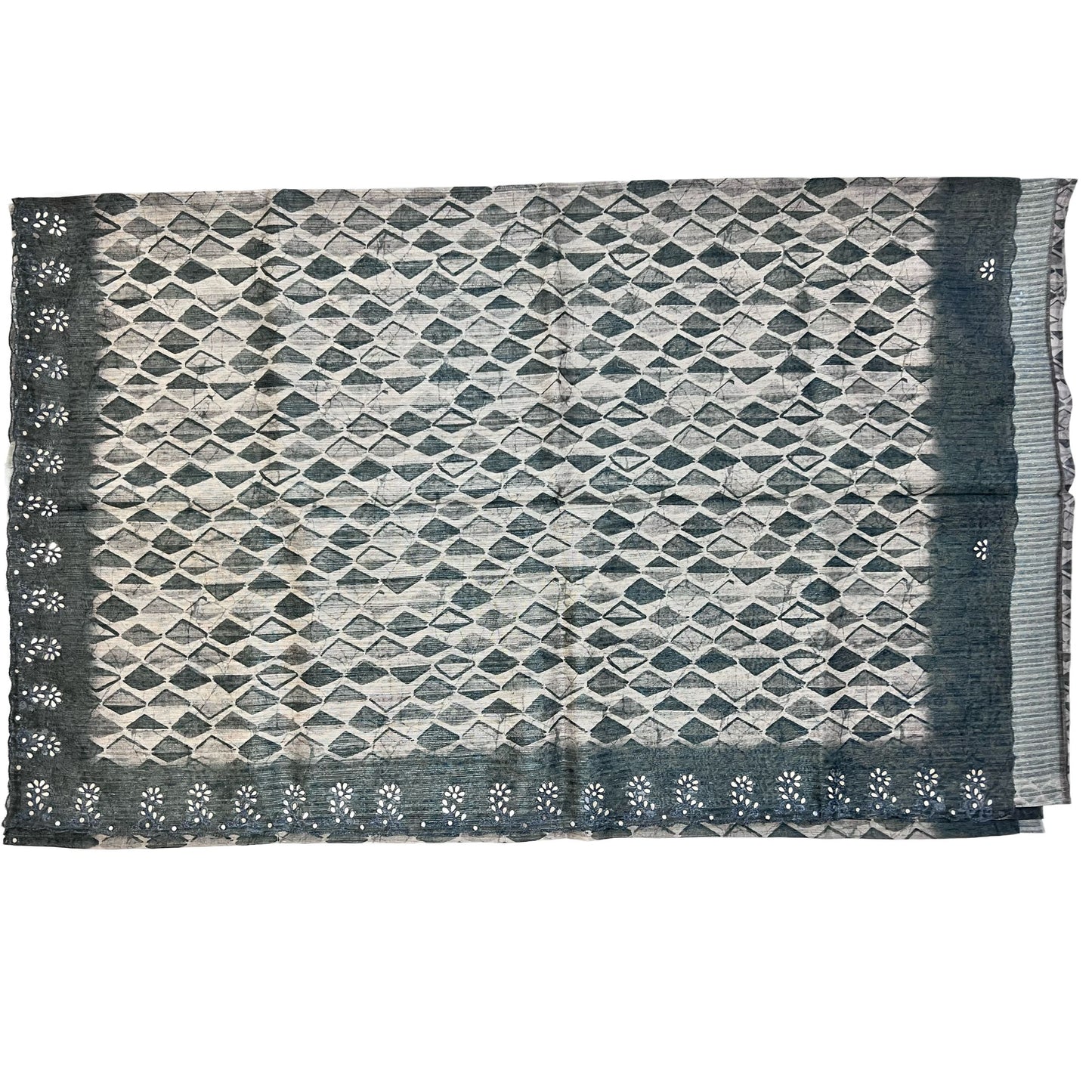 Beautiful Grey Colour Geometric Printed Chinya Silk With Mirror work Saree