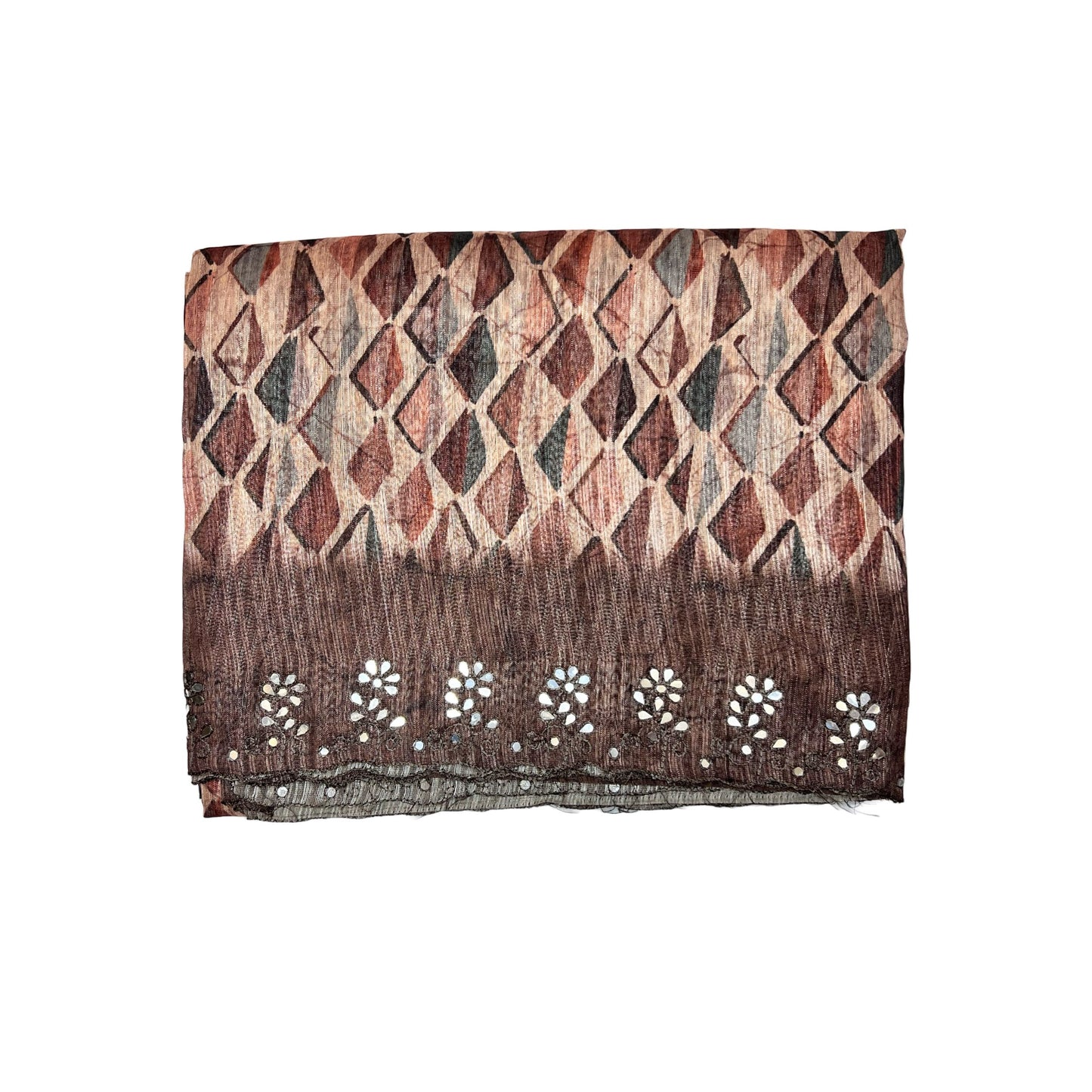 Beautiful Peach Colour Geometric Printed Chinya Silk With Mirror work Saree