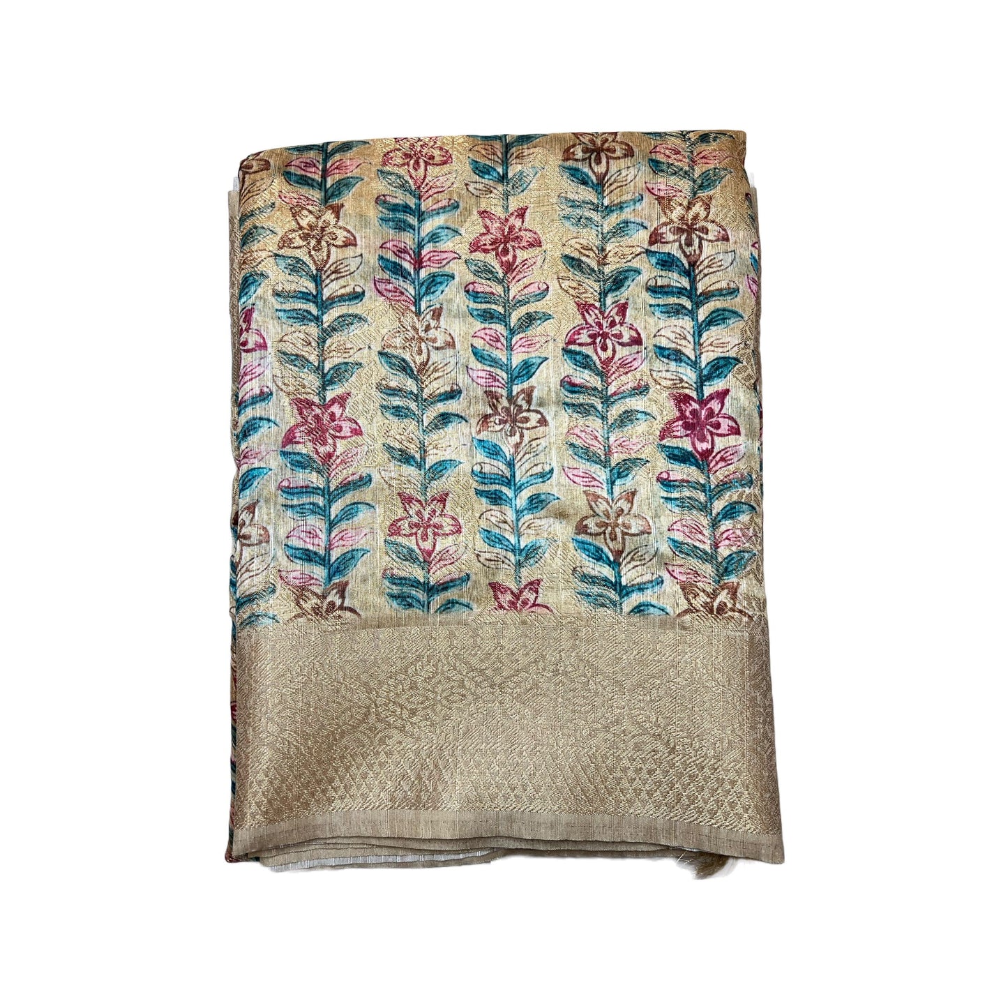 Beige Color Floral Printed Tussar Silk Saree And Zari Woven Design